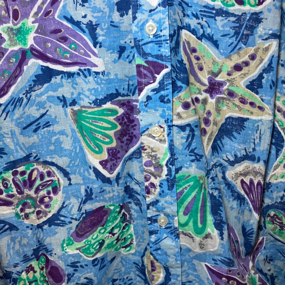 Chaps Mens XXL Swiss Blue Starfish Seashell Linen Cotton Short Sleeve Shirt - Picture 3 of 8